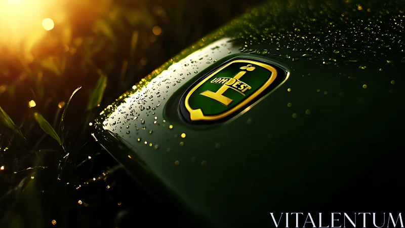 Macro study of dew-coated green emblem under raking sunrise light.