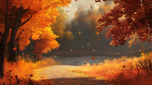 Autumn forest path beside calm lake under orange foliage.