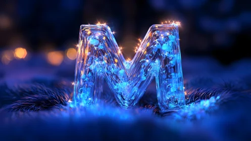 Illuminated Glass Letter M in Festive Blue and Gold Bokeh Style.
