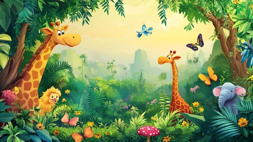 Digital painting of whimsical jungle animals in lush foliage.