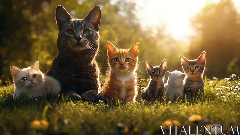 Cat family group arranged in outdoor grass setting with varied sizes.