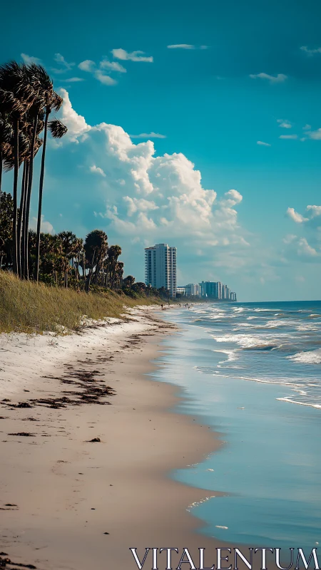 Coastal skyline with palms under deep cyan afternoon sky.