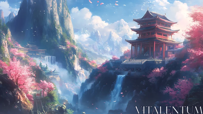 Digital painting of mountain temple terraces with waterfalls.