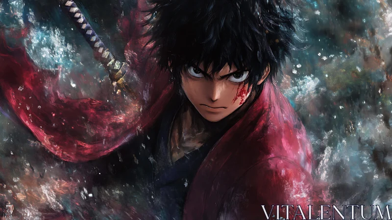 Battle-hardened swordsman glares forward through storm chaos