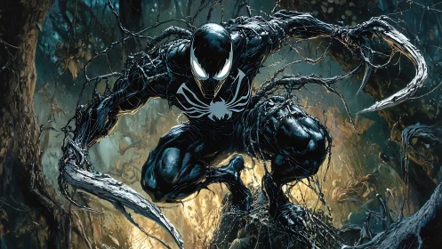 Night-cloaked hunter coils through a snarled alien forest