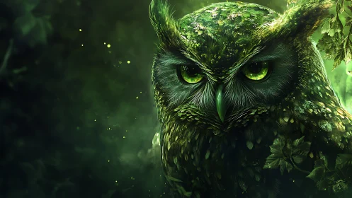 Mystical Green Owl in Enchanted Forest, Digital Fantasy Art.