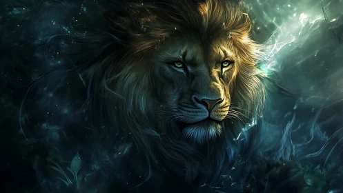 Lion head in low light with teal and green luminous effects.