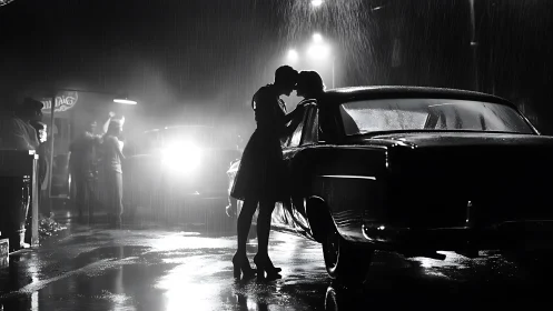 Midnight Embrace in the Rain-Soaked Spotlight.