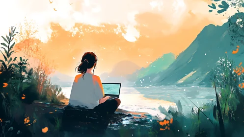 Backlit laptop user studies tranquil lake at saturated sunrise