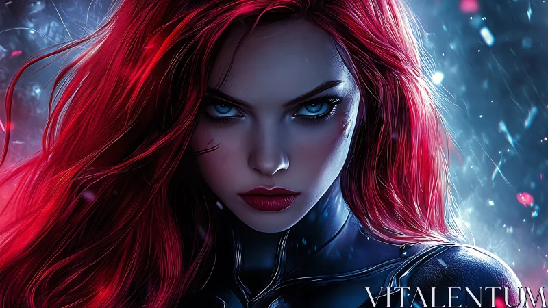Cinematic cyber heroine portrait with neon red hair in icy rain