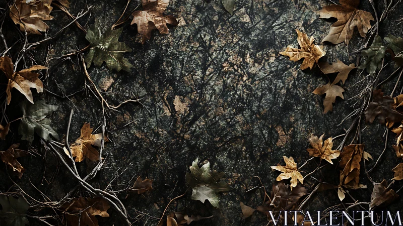 Autumn leaves encircle a dark forest-textured background.