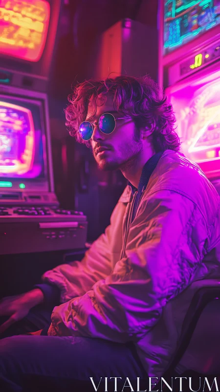 Retro-futurist operator in neon arcade terminal array portrait.