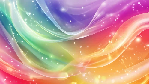 Iridescent rainbow light waves over sparkling gradient field.