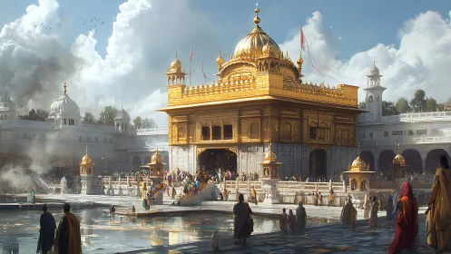Golden temple courtyard with pilgrims around sacred pool.