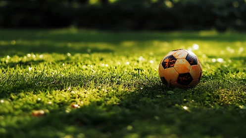 Orange and black soccer ball resting on sunlit green grass.