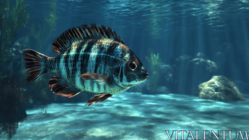 Striped tropical fish swimming in clear underwater scene.