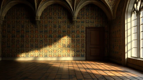 Sunlit vaulted room with patterned walls and doorway.