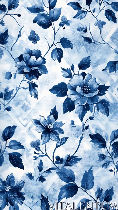 Indigo botanical floral pattern with layered watercolor foliage