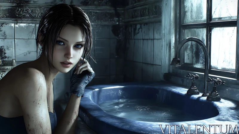 Wet-haired woman beside worn blue sink in cold tiled bathroom