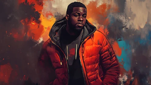 Portrait shows man in orange jacket against abstract fire tones