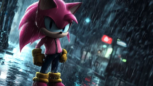 Neon rain crowns a pink hedgehog hero on slick city streets