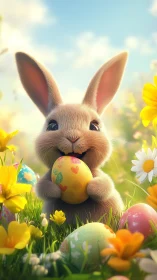 Playful spring bunny cuddling a bright Easter egg in flowers.