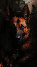 Majestic German Shepherd emerges from shadowed darkness