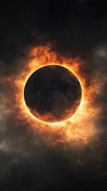 Fiery solar eclipse framed by moody clouds in the sky.