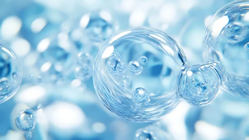 Transparent liquid bubbles in light blue abstract background.