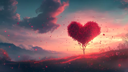 Heart-shaped tree against sunset landscape with floating particles