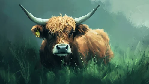 Highland cow portrait in misty green pasture digital art.