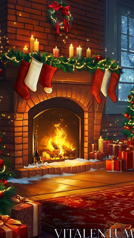 Christmas hearth interior shows warm lighting and detailed festive decor