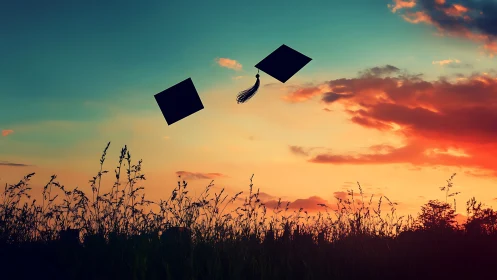 Graduation caps are suspended above silhouetted field grass