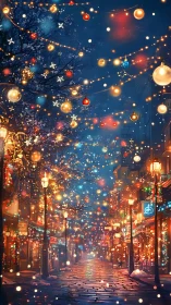 Cozy winter street glowing with festive holiday lights.
