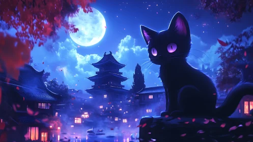 Luminous-eyed black cat over misty neon-lit pagoda town.
