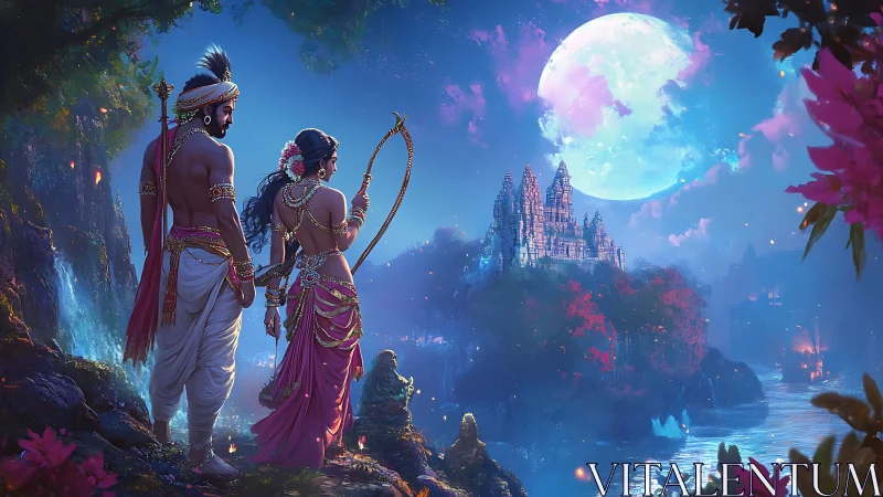 Mythic couple overlooking moonlit riverside temple landscape