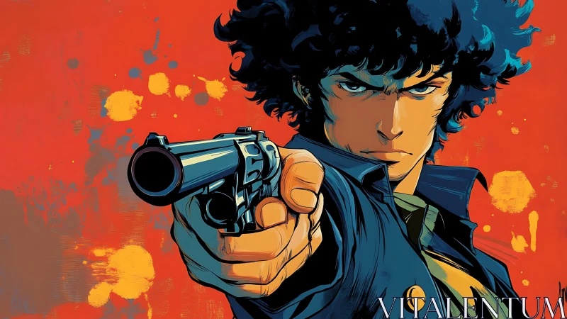 Male anime gunman in close frontal view on red backdrop.