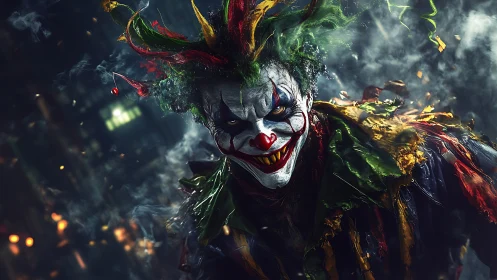 Sinister neon clown in smoky night street environment.