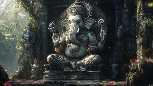 Ganesh stone idol glows amid overgrown jungle shrine.
