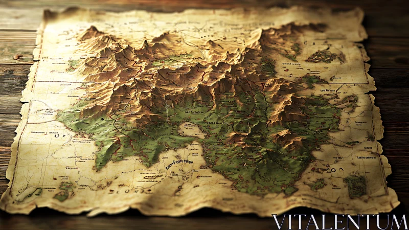 Embossed fantasy realm map rising from weathered parchment.