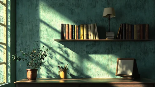 Sunlit study wall renders textured bookshelves in chiaroscuro