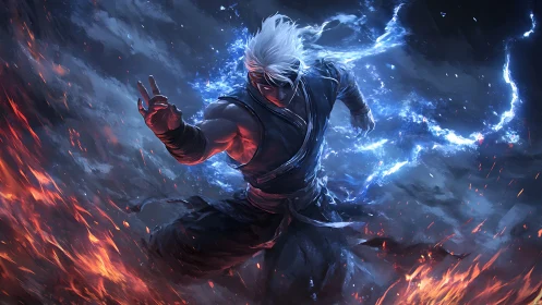 Storm-summoning ninja channels lightning over raging fire.