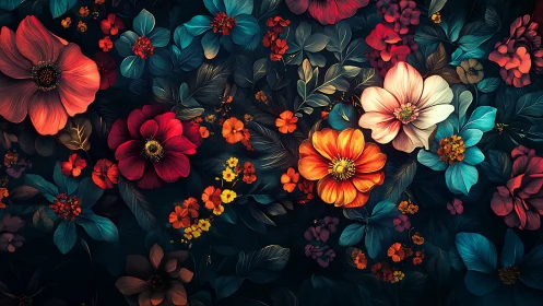 Digital Floral Composition: Layered Botanical Rendering with Teal-Red-Orange Chromatic Architecture