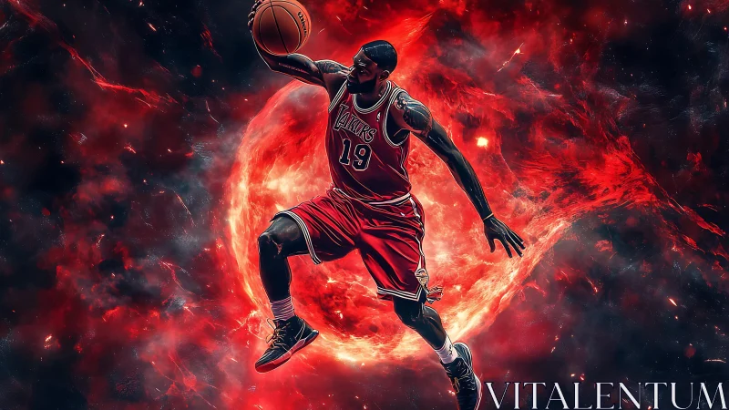 Cosmic courtside leap through a blazing red nebula storm.
