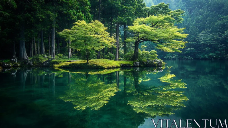 Small forest island reflected in clear green lake.