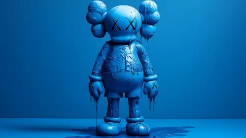 Monochrome blue vinyl figure stands melting in studio light