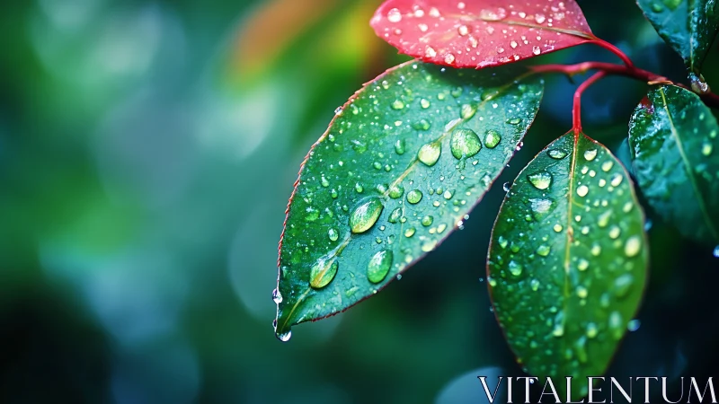 Rain-kissed leaves glowing with emerald and ember calm.
