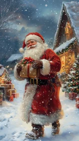 Santa carries wrapped gift through snowy cottage yard.