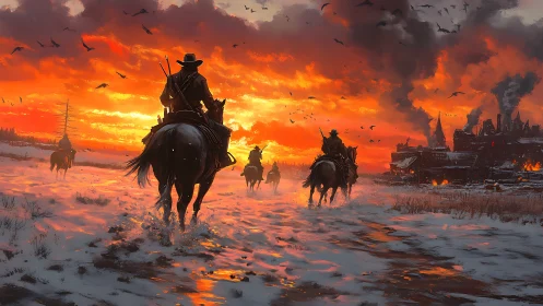 Winter riders approach burning frontier town at fiery sunset