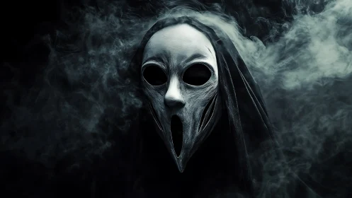 Eerie skeletal mask emerges from swirling midnight smoke